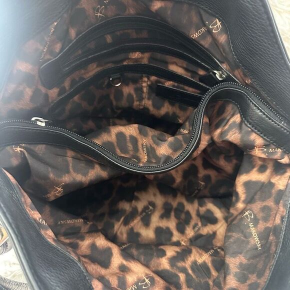 B. Makowsky Magnetic Flap Black Leather Metallic Gray Handles Shoulder Handbag - Picture 9 of 11